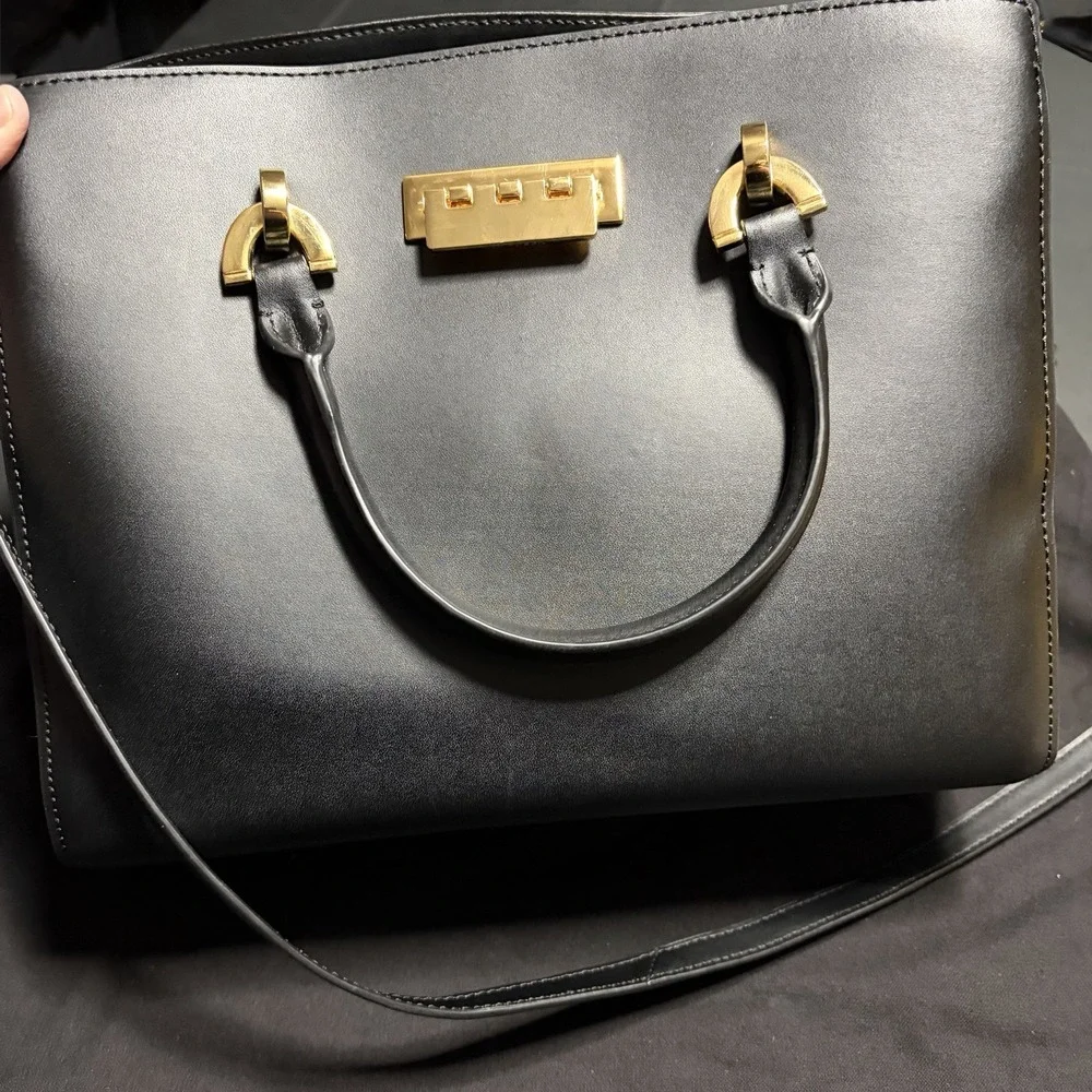 ZAC Zac Posen Eartha Black Leather Satchel Crossbody Bag Gold Dust Bag